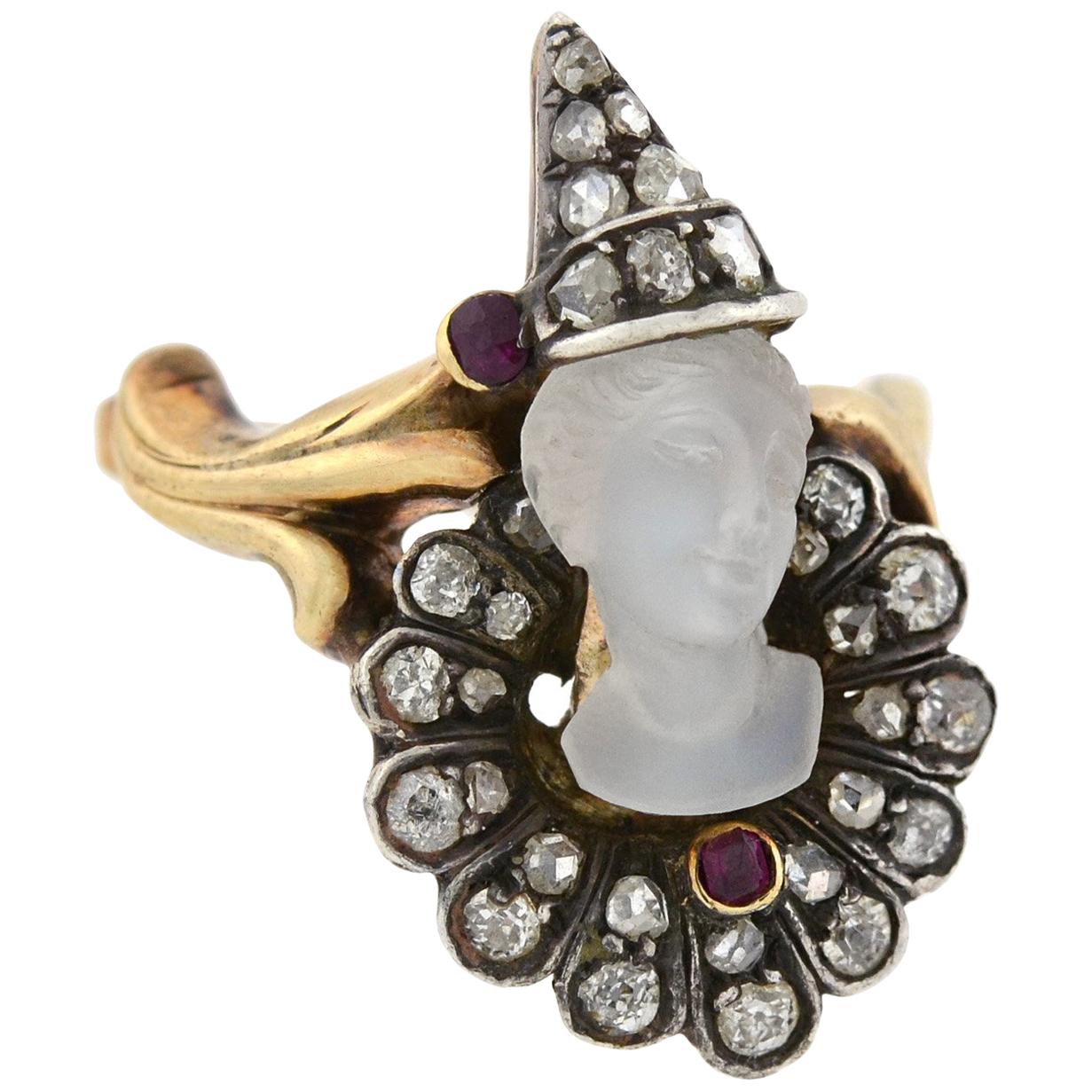 Art Nouveau Diamond, Moonstone, and Ruby Cameo "Pierrot Clown" Ring
