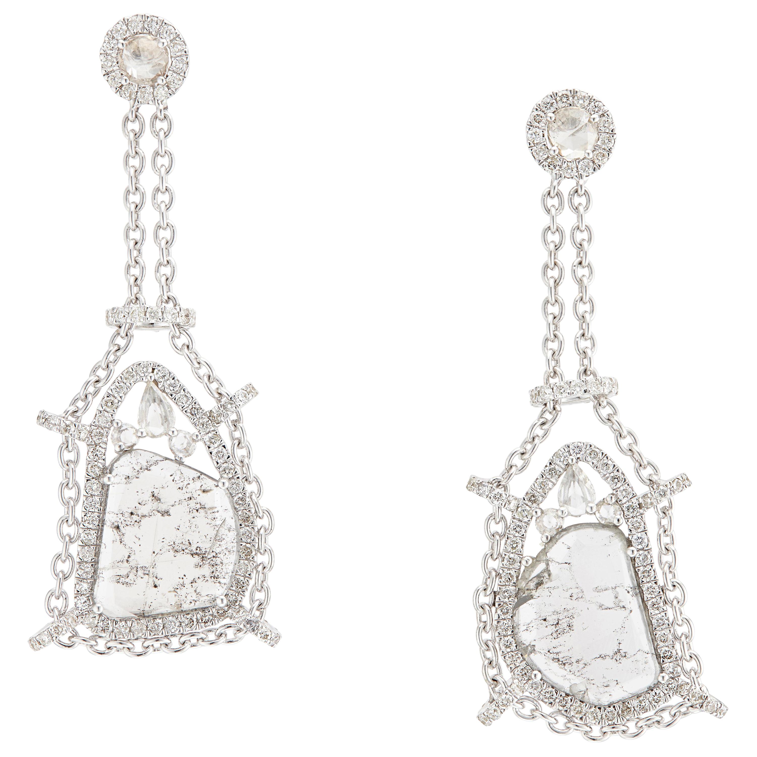 Manpriya B Rose Cut & Slice Diamond 18K White Gold Diva Dangle Drop Earrings For Sale