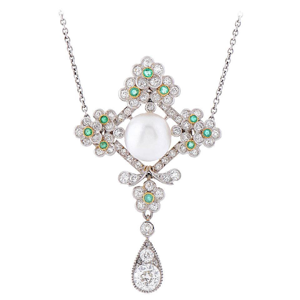 Edwardian Natural Pearl Emerald Diamond Platinum Pendant