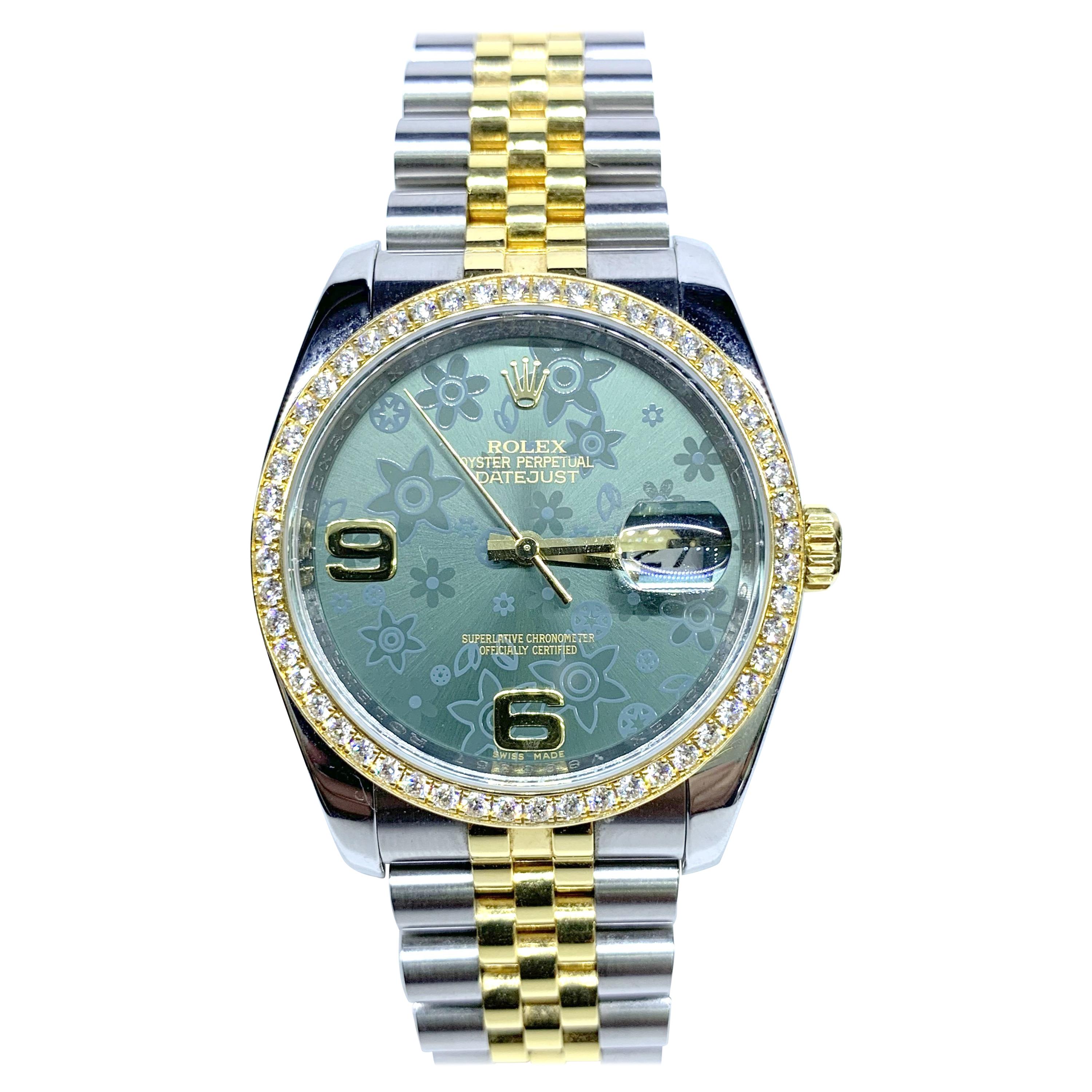 Rolex Datejust Green Floral Dial S.S. 18 Karat Yellow Gold 116243