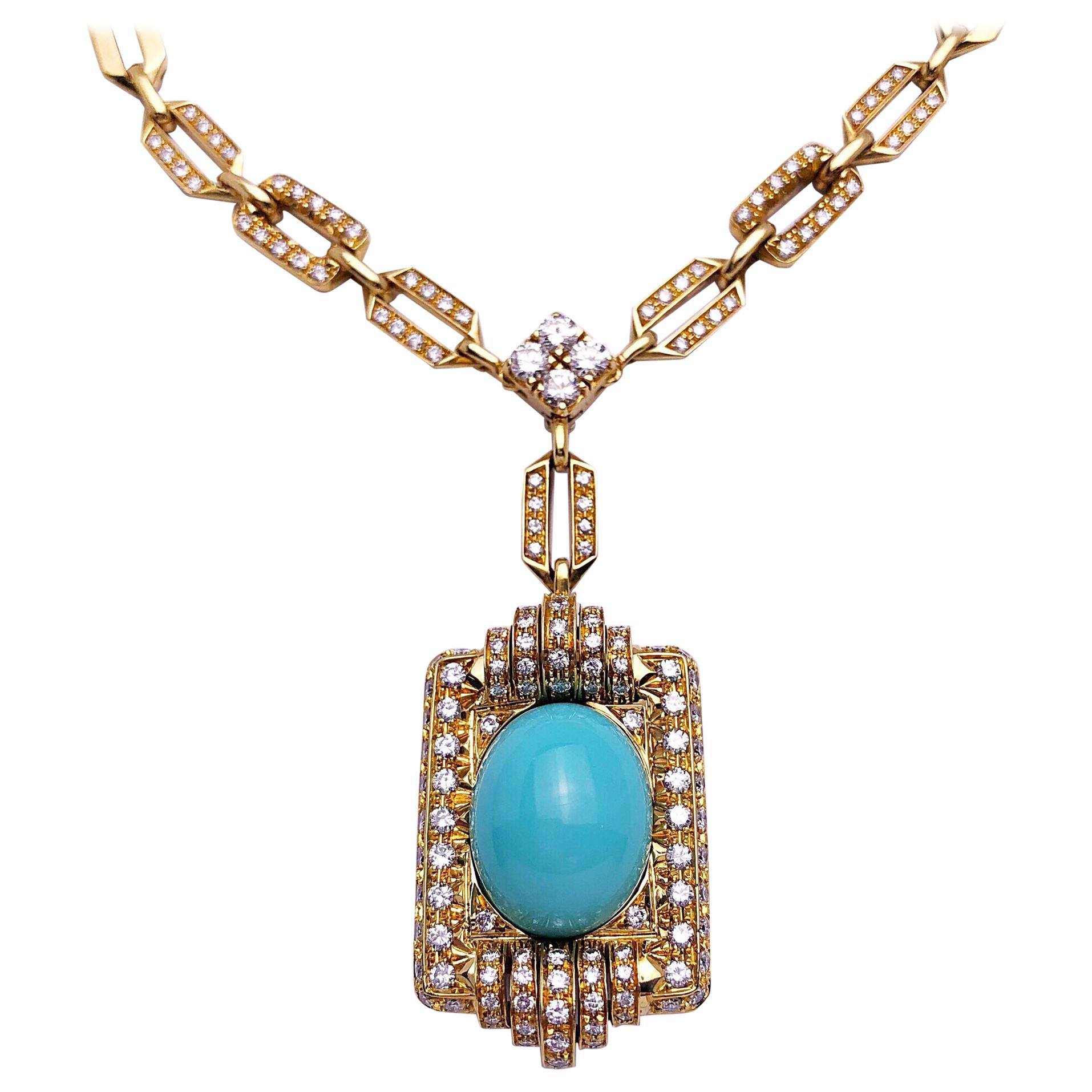 Vintage 18Kt Gold, 9.42ct. Diamond Necklace with a 21.02ct Persian Turquoise