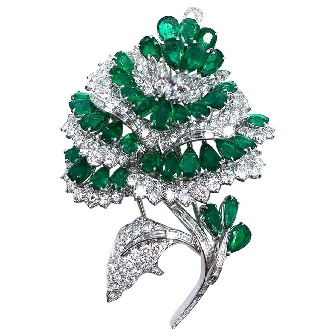 Exquisite Handmade Platinum Diamond and Emerald Flower Brooch For Sale