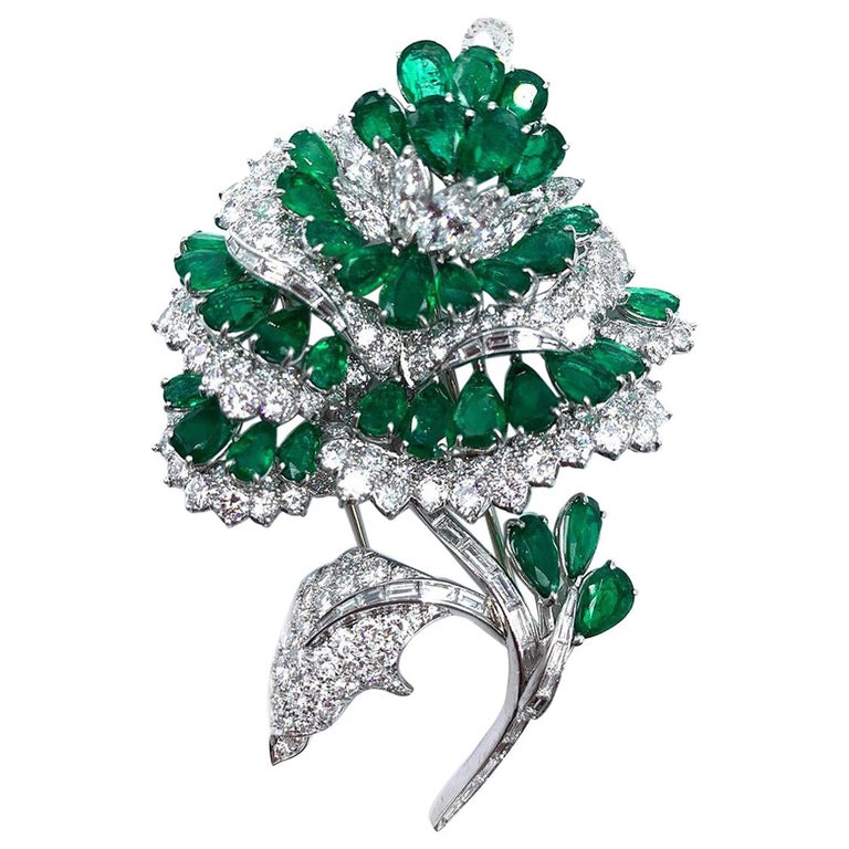 Exquisite Handmade Platinum Diamond and Emerald Flower Brooch For Sale ...