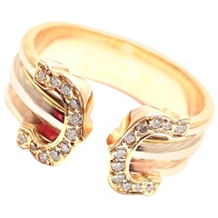 Vintage Cartier Diamond Double C Tri-Color Gold Band Ring