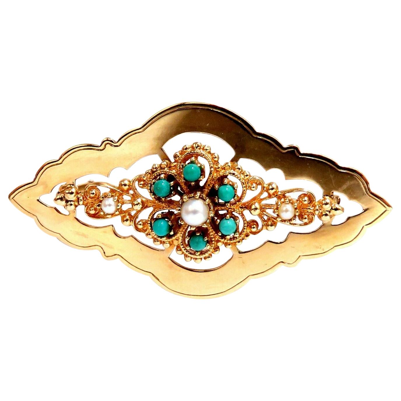 Natural Turquoise and Seed Pearl Open Gilt Etching Patterned Pin 14 Karat For Sale