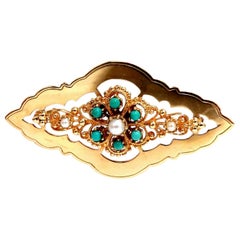 Natural Turquoise and Seed Pearl Open Gilt Etching Patterned Pin 14 Karat