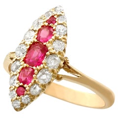1900s Antique Ruby and Diamond Yellow Gold Marquise Cocktail Ring
