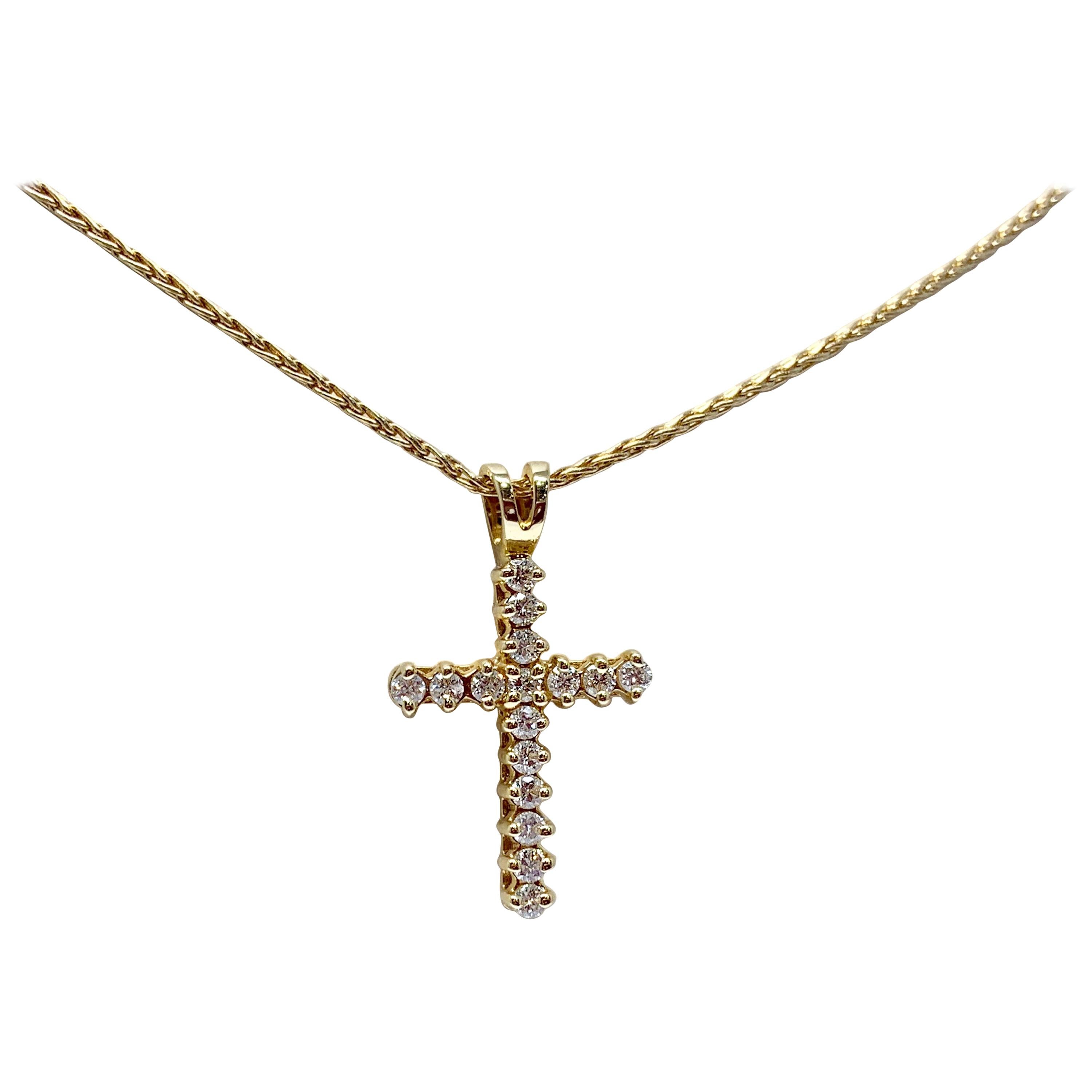 Yellow Gold 0.25 Carat Round Diamond Cross Necklace For Sale