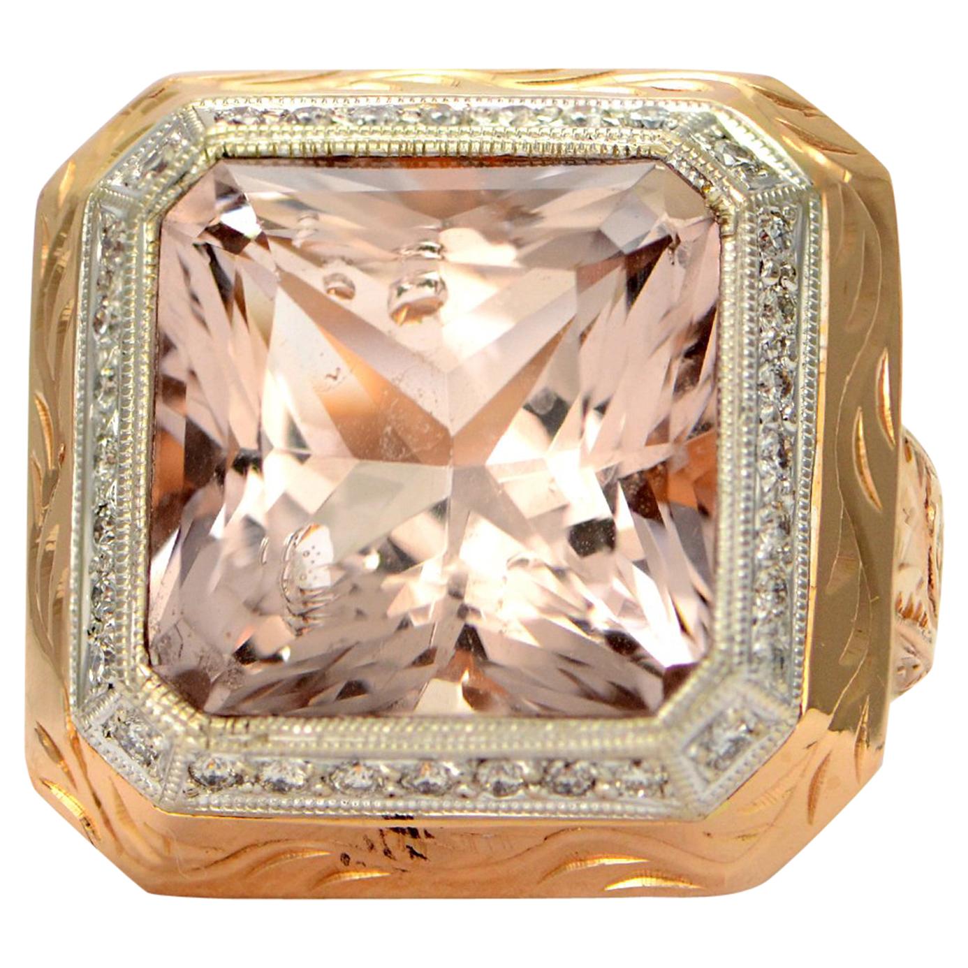 Solid 18 Karat Rose Gold Pink Morganite and Natural Diamond Ring, 17.0g
