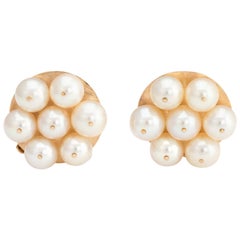 Vintage Cultured Pearl Earrings Cluster 14 Karat Gold Round Clip Estate Fine