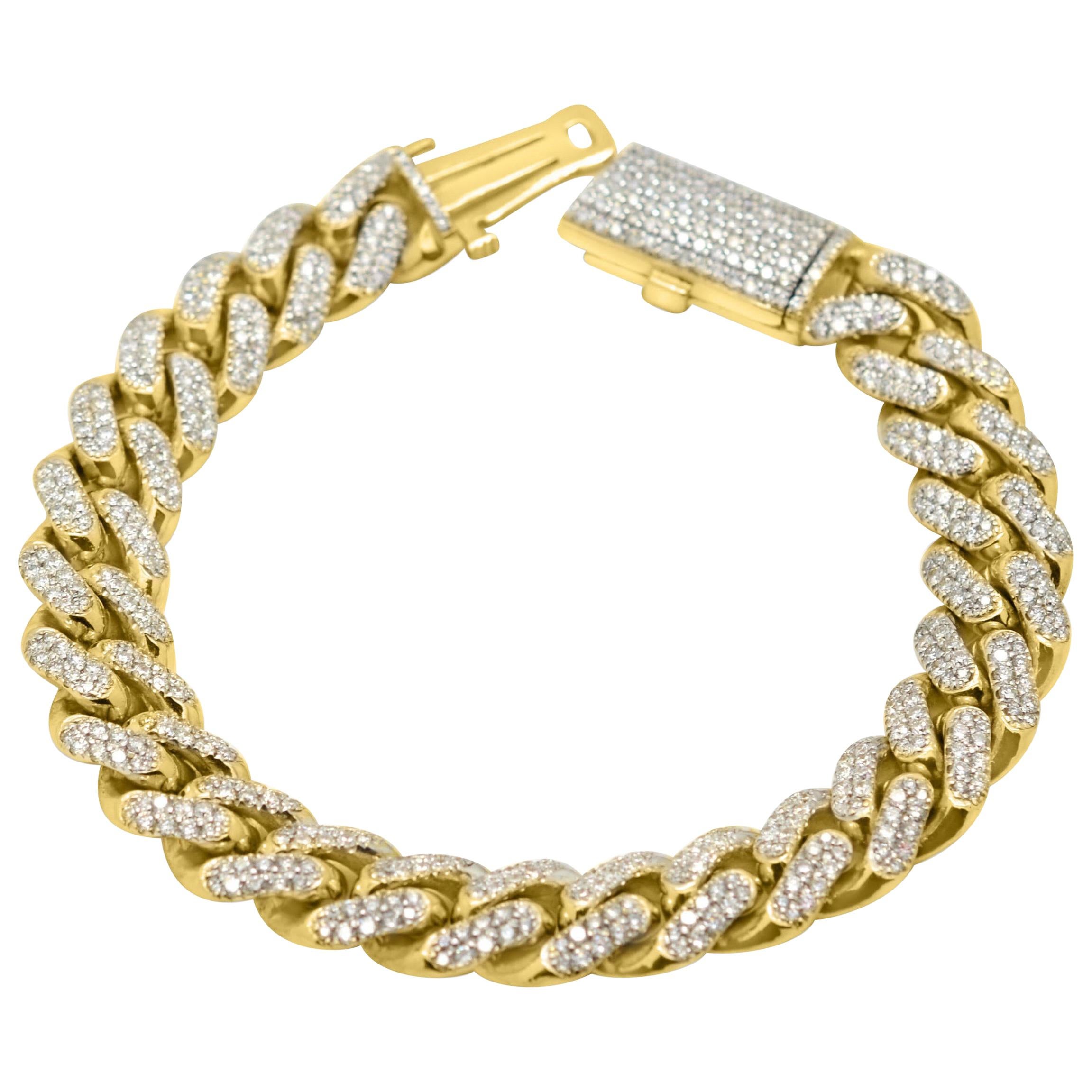 Cuban Link Diamond Bracelet 14 Karat Gold For Sale
