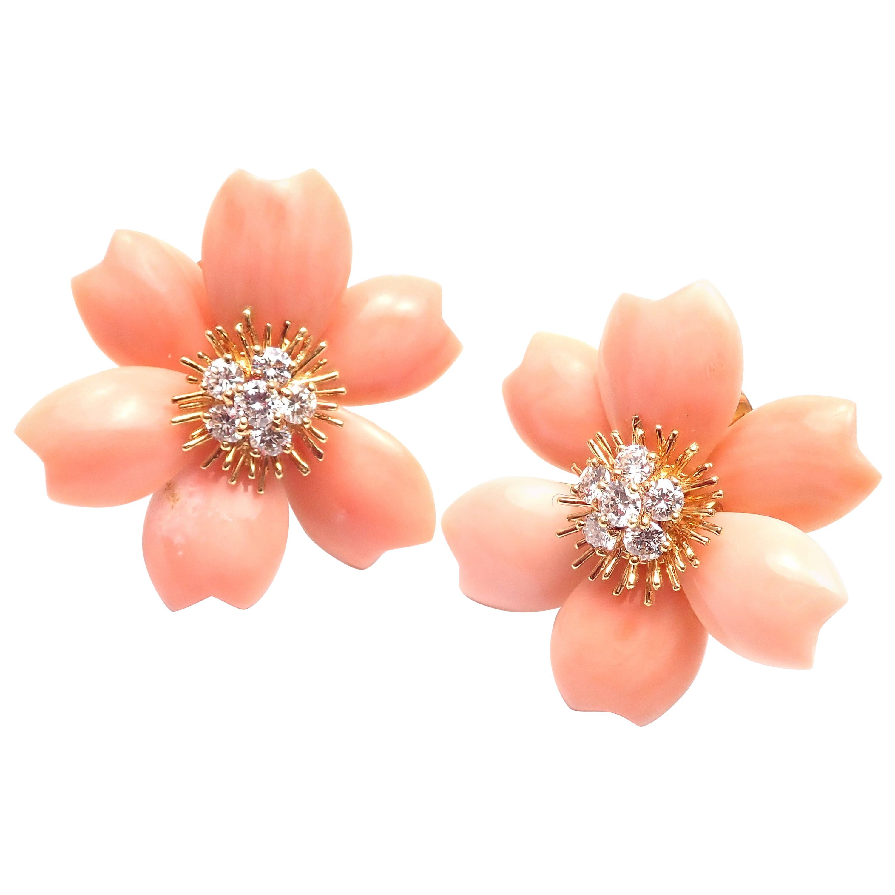 Van Cleef & Arpels Rose de Noel Diamond Coral Flower Yellow Gold Earrings