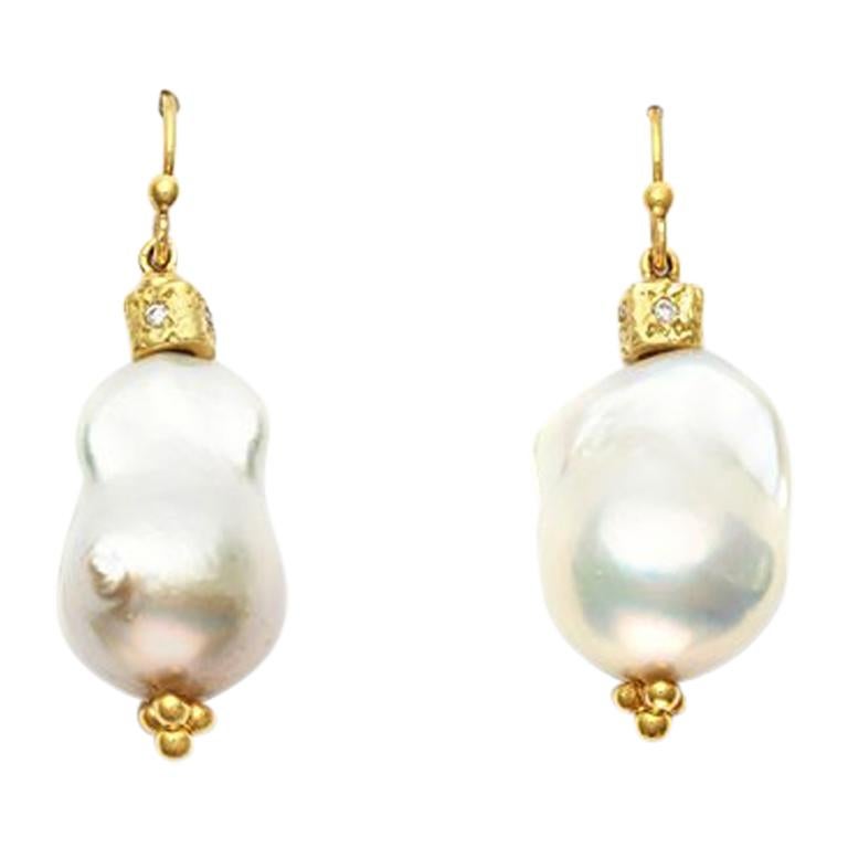 South Sea Baroque Pearl and 18 Karat Yellow Gold Bead Earrings Set with Diamonds