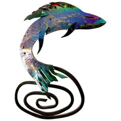 Vintage Enid Kaplan Sterling Silver Anodized Niobium Mylar Jumping Fish Brooch