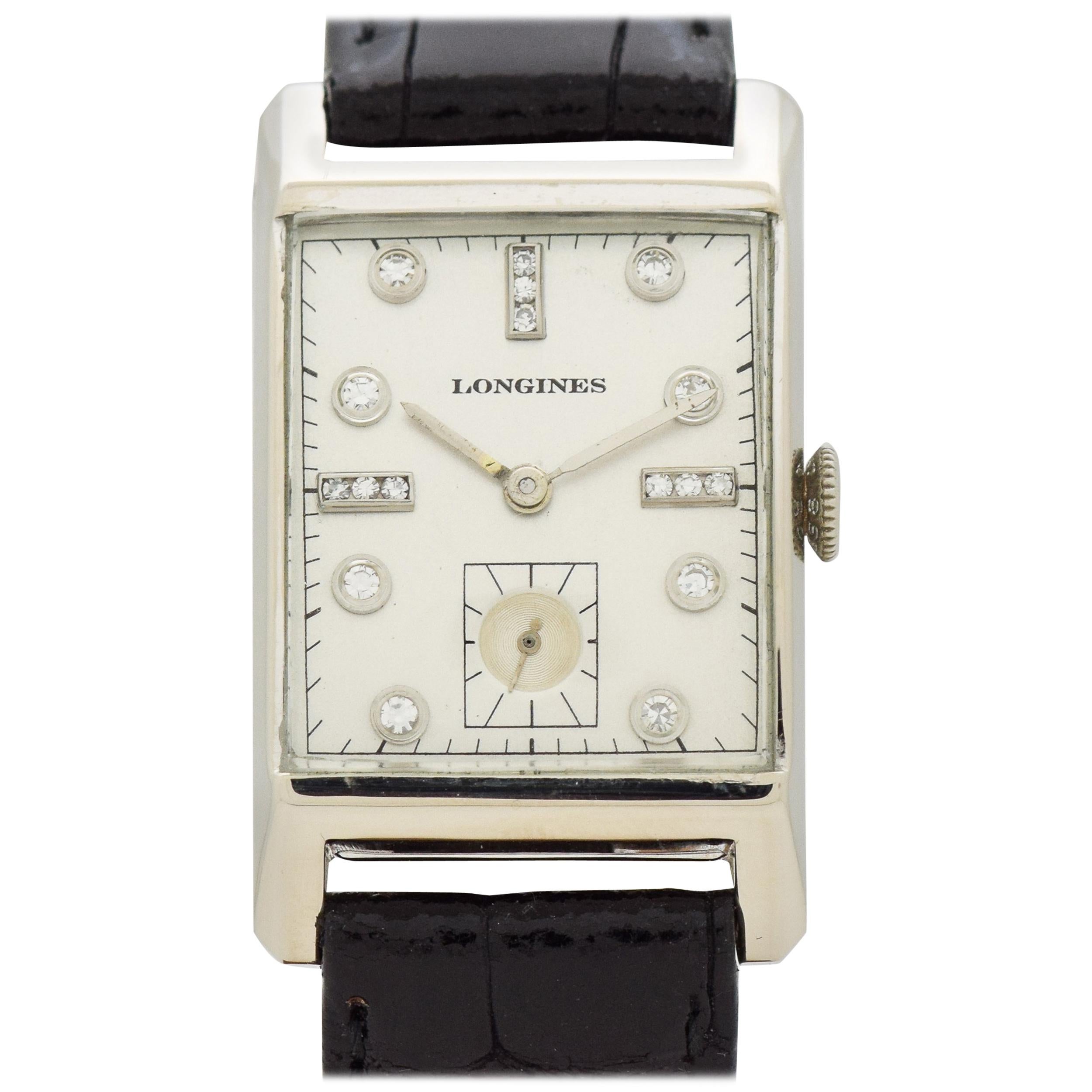 Vintage Longines Rectangular-Shaped 14 Karat White Gold Watch, 1950 For Sale