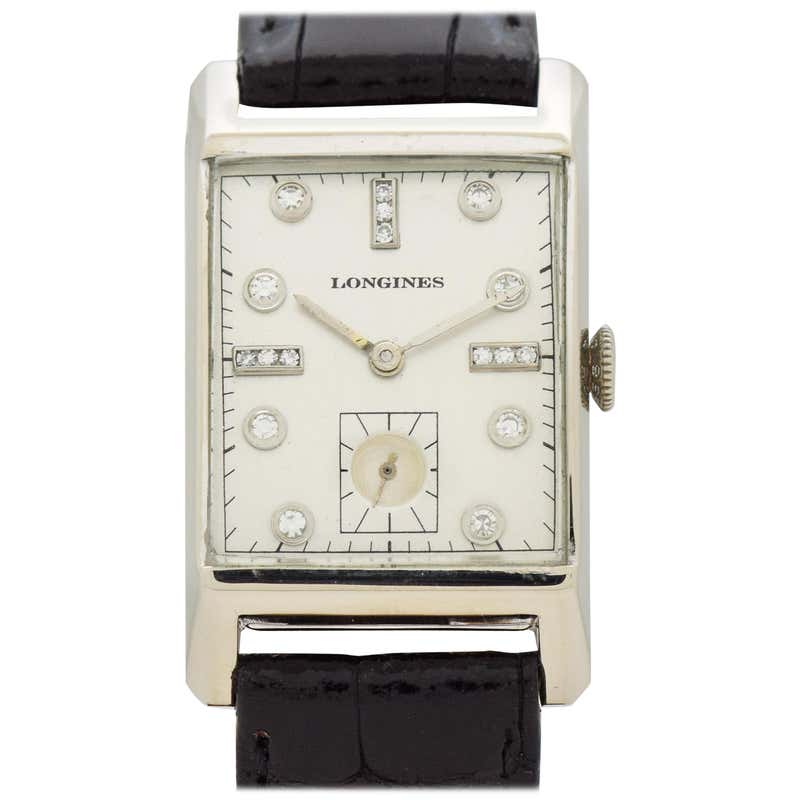 Vintage Longines Rectangular-Shaped 14 Karat White Gold Watch, 1950 For ...