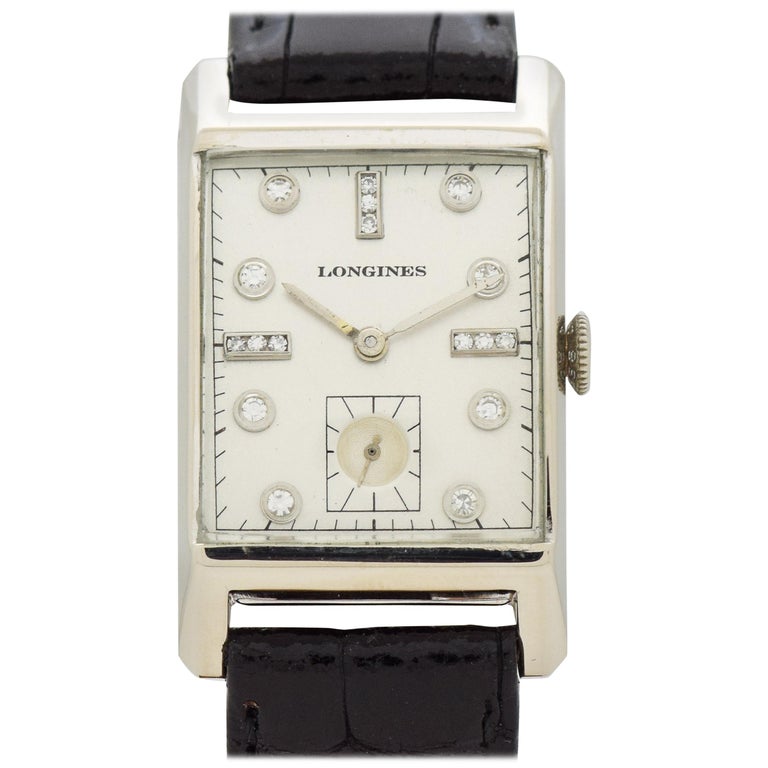 Vintage Longines Rectangular-Shaped 14 Karat White Gold Watch, 1950 For ...