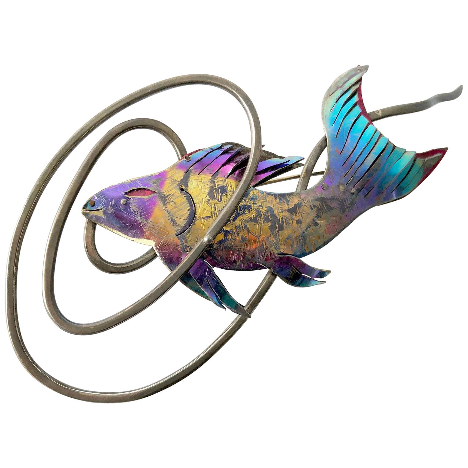 Enid Kaplan Sterling Silver Anodized Niobium Mylar Diving Fish Brooch For Sale