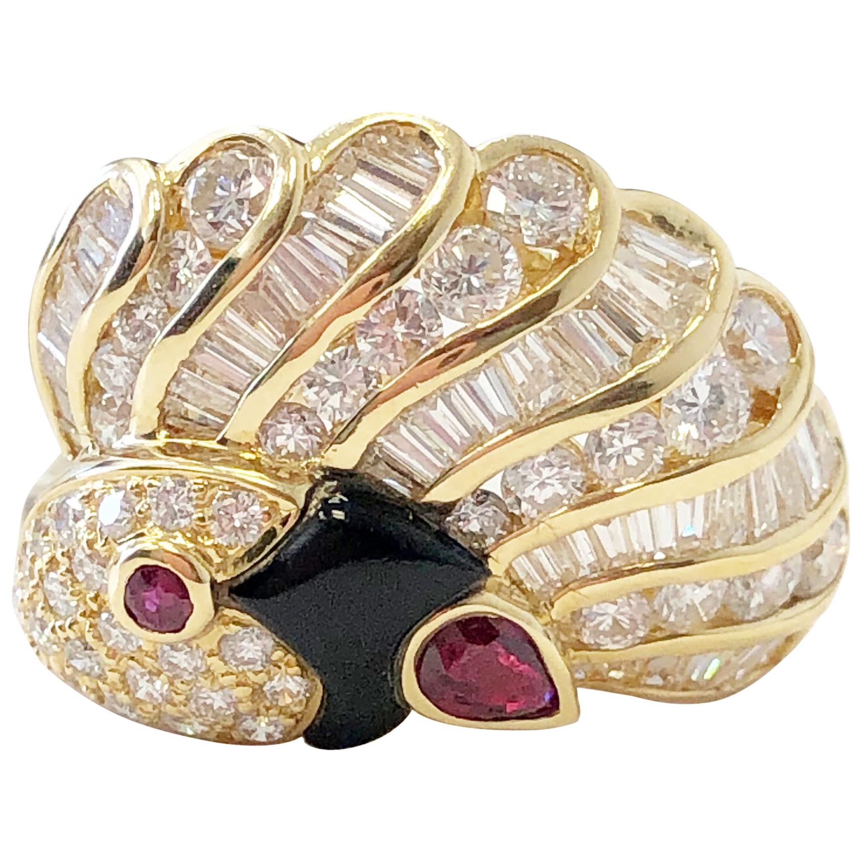 White Diamond and Ruby Peacock Cocktail Ring in 18 Karat Yellow Gold