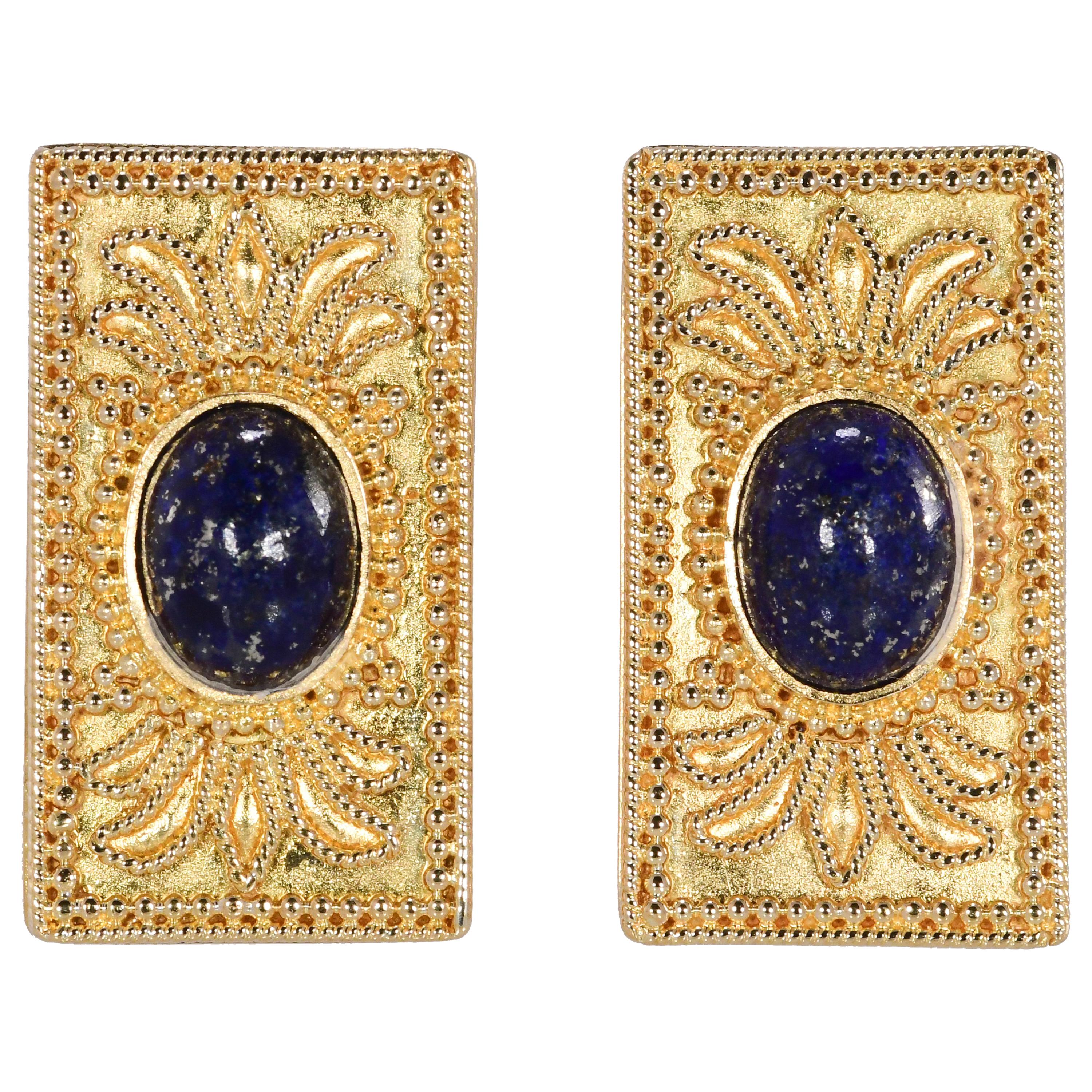 Etruscan Revival 22 Karat Cabochon Oval Lapis Earrings 17.40 Grams For Sale
