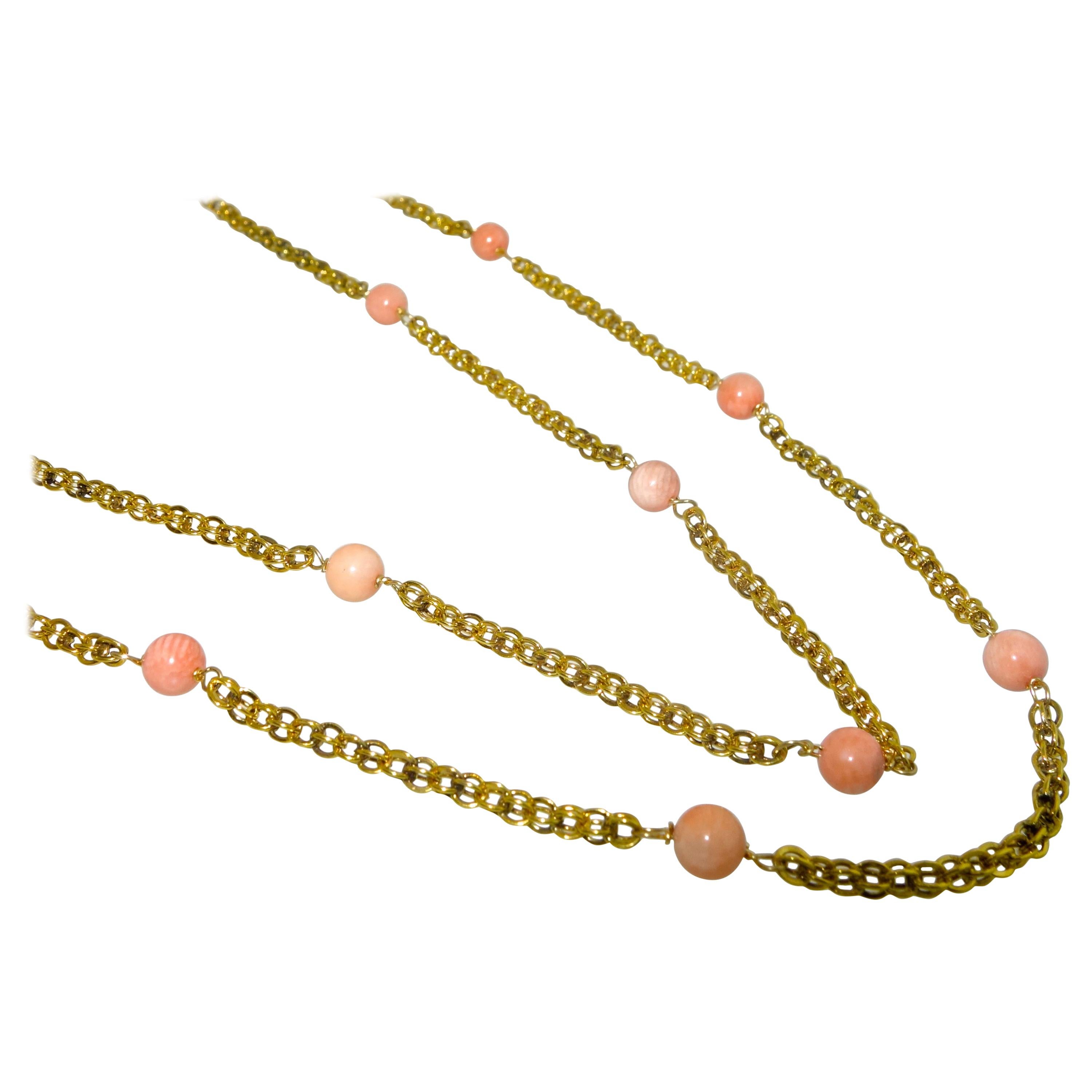 Victorian Gold Long Chain with Natural Coral Beads, circa 1890
