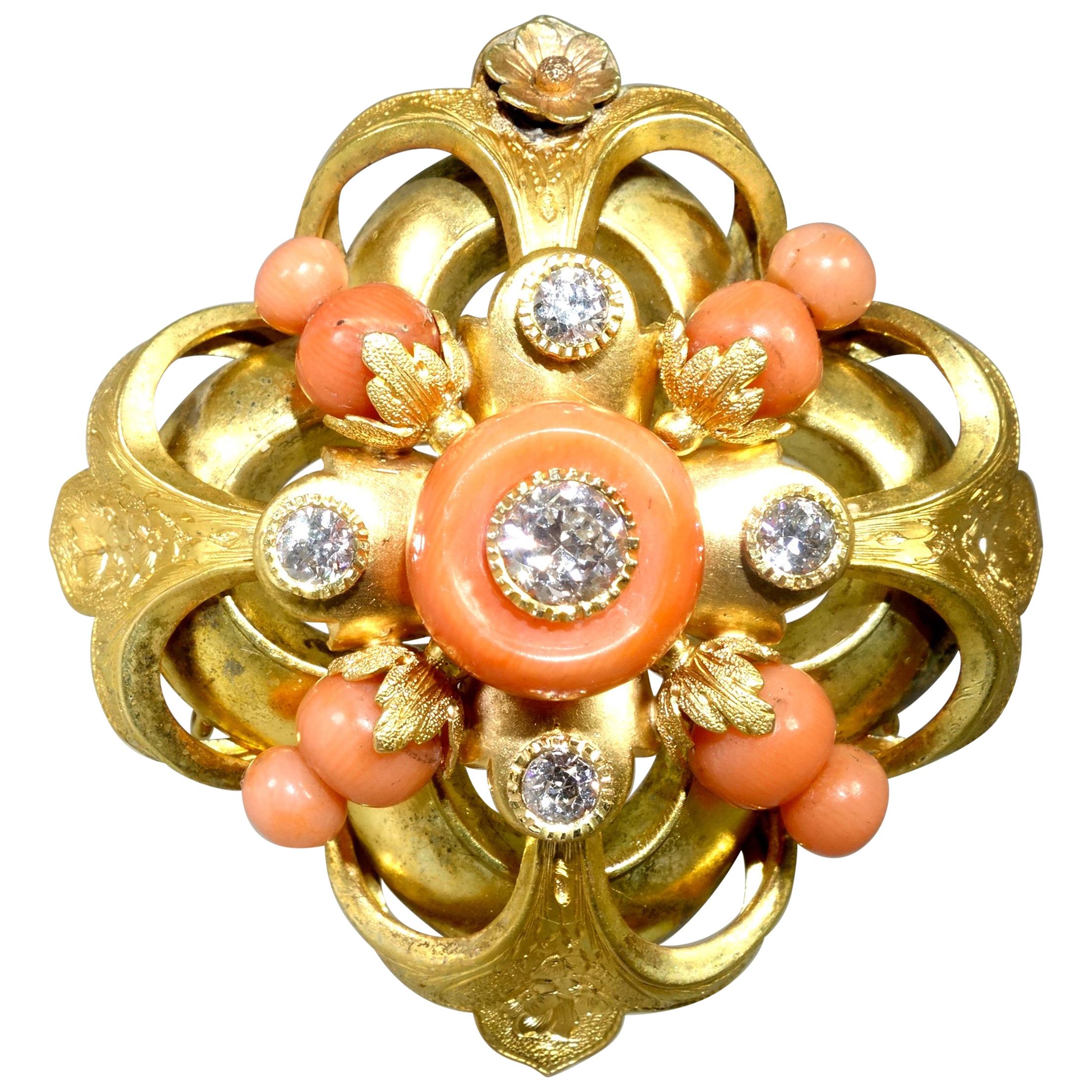 Victorian Diamond, Coral and Gold Pendant/Brooch
