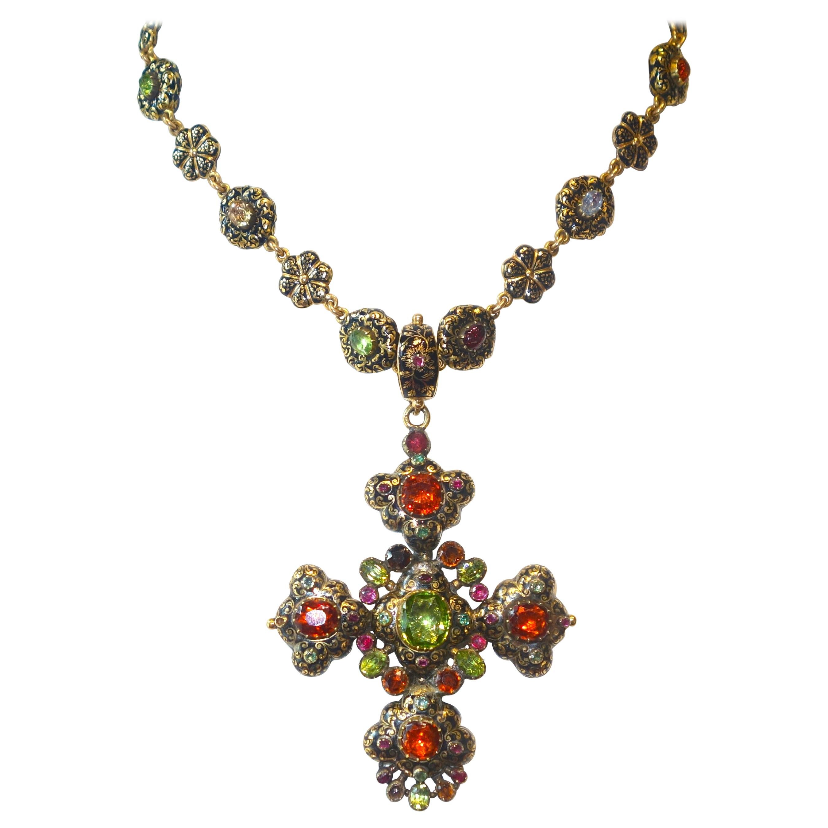 Mid-19th Century Enamel and Multi-Stone Cross and Matching Chain, circa 8500