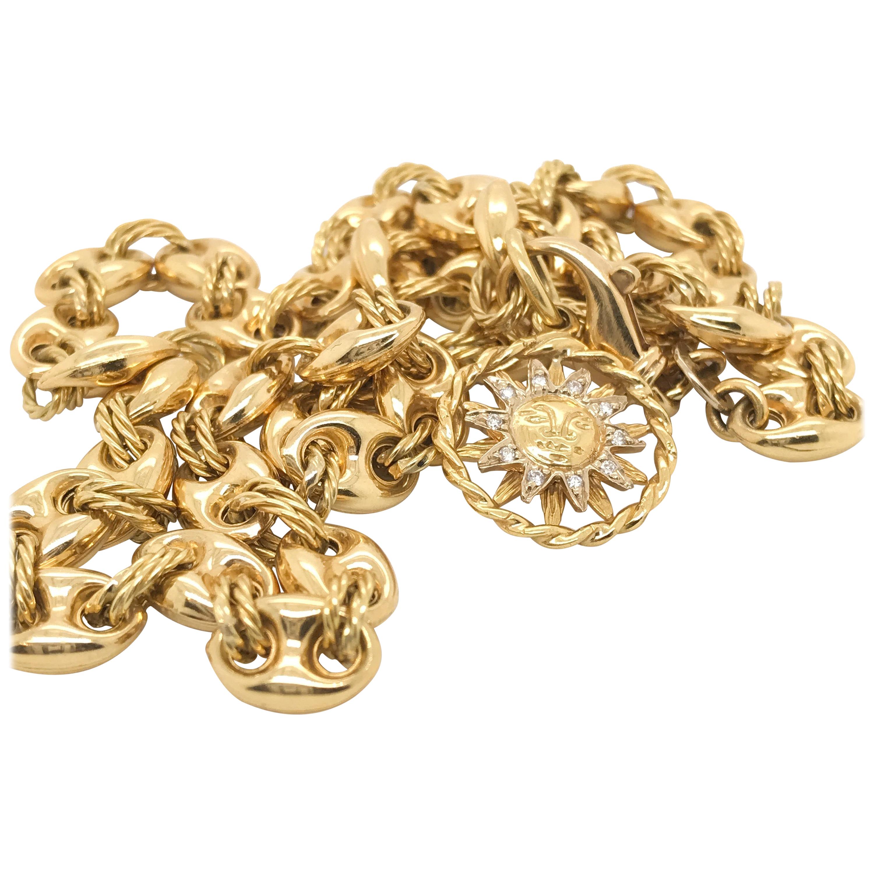 18 Karat Yellow Gold Nautical Link Chain Necklace with Diamond Set Sun Charm