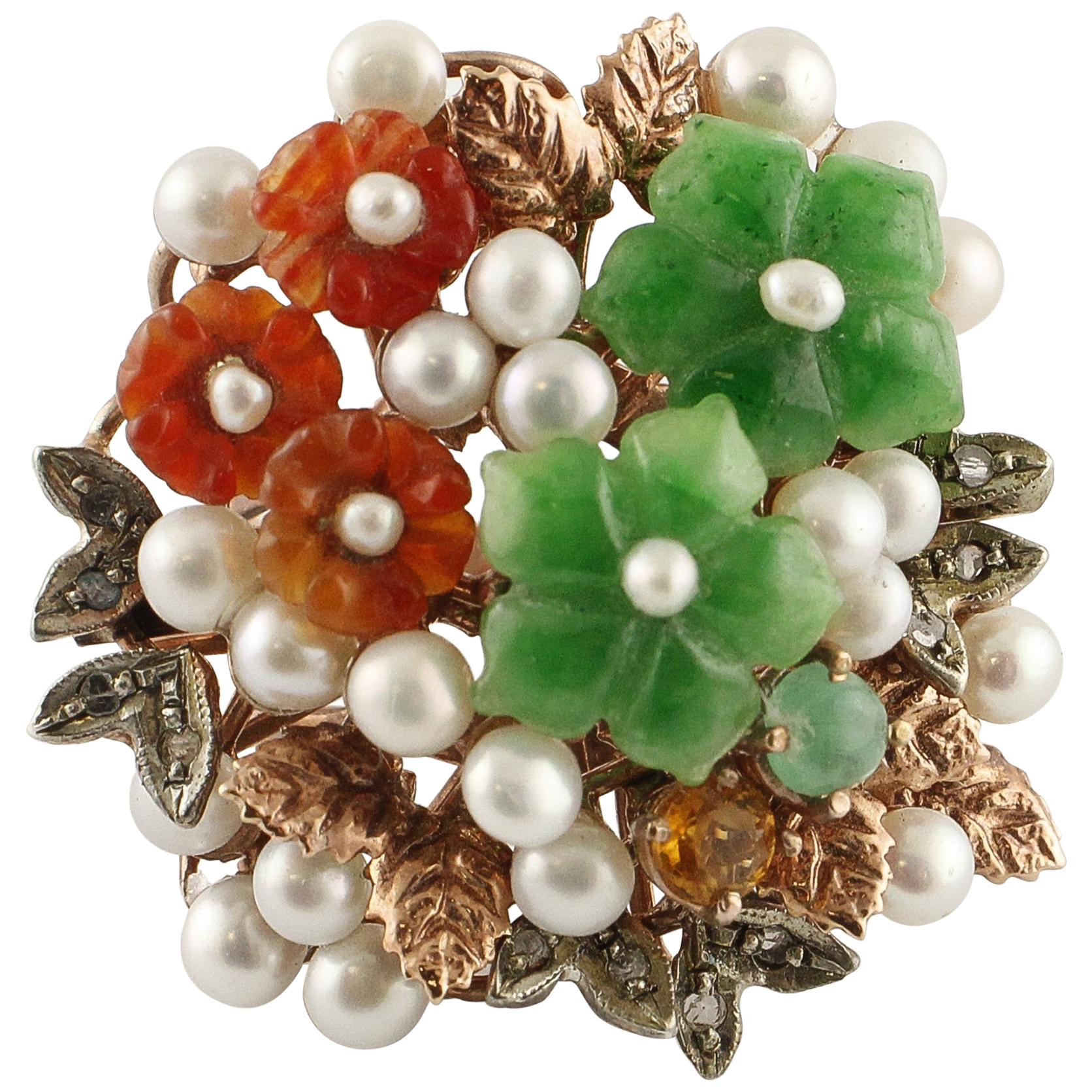 Carnelian, Green Agate, Pearls, Diamonds, 9k gold and silver Flowery Retro Ring