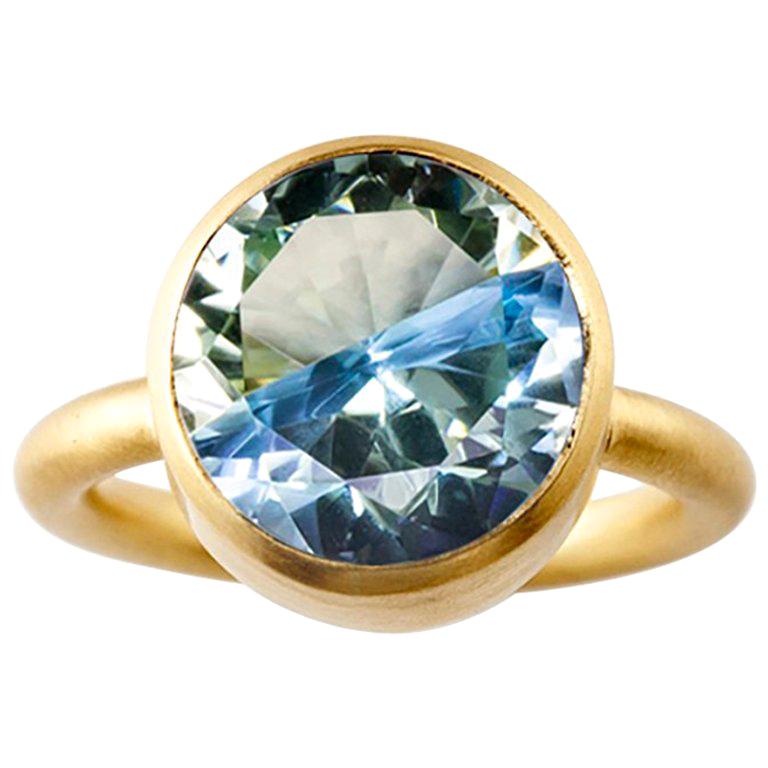 18 Karat Yellow Gold Lemon Quartz Blue Topaz Two-Stone Modern Cocktail Ring