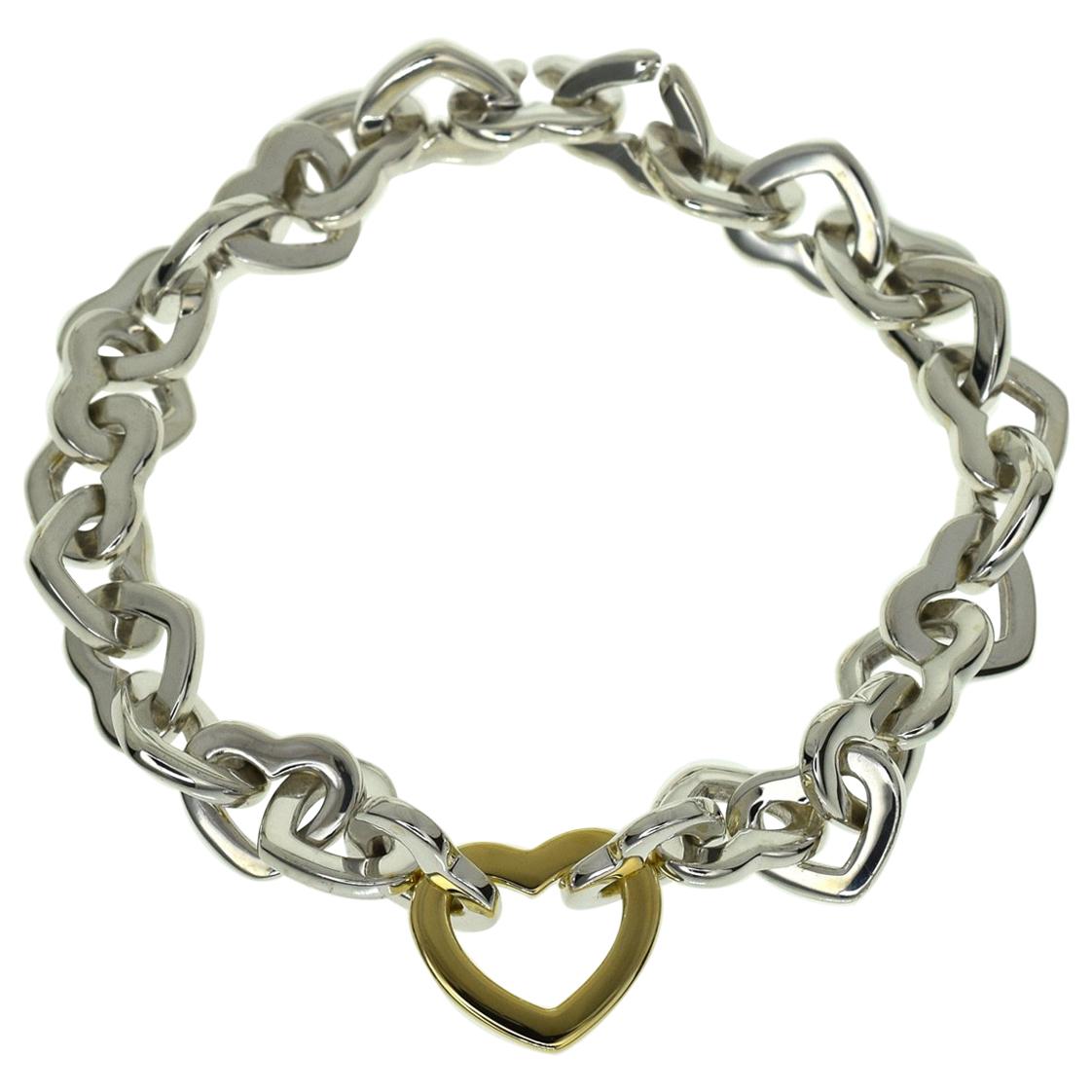 Tiffany & Co. 925 Sterling Silver 18 Karat Yellow Gold Heart Link Bracelet