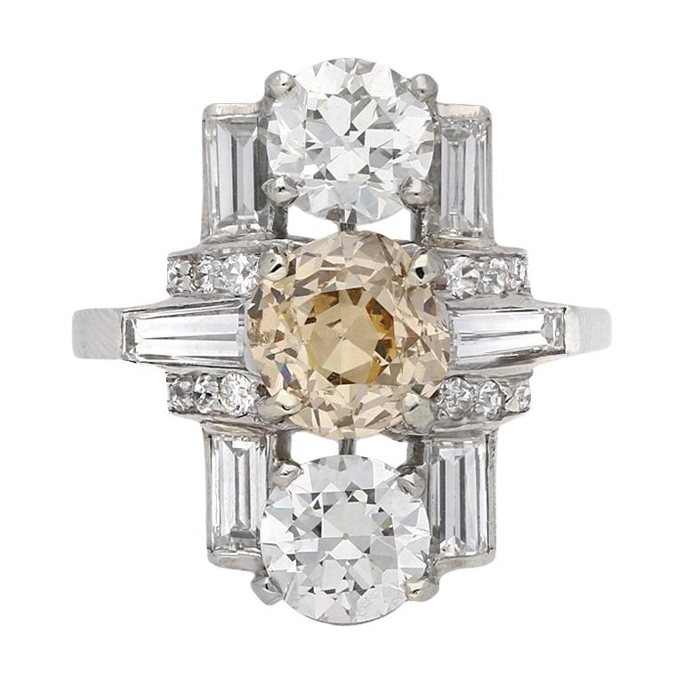Art Deco Fancy Colored Diamond Cluster Ring, circa 1925 For Sale