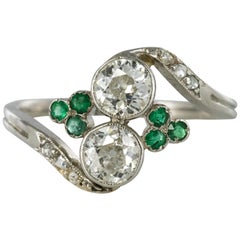 Antique French 1900s Diamond Emerald You and Me Platinum Ring