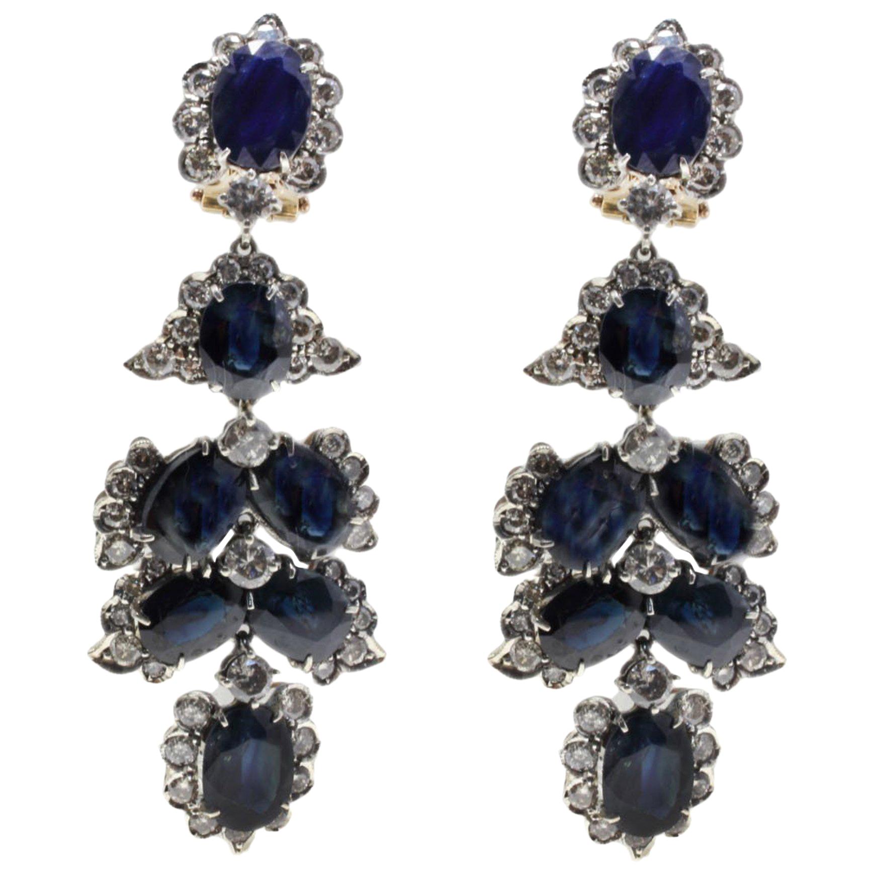 Diamonds and Sapphires Chandelier Rose Gold and Silver Earrings