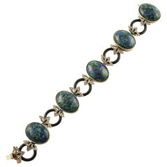 Vintage Malachite Ovals, Onyx Rings, Diamonds, 9 Karat Rose Gold and Silver Bracelet