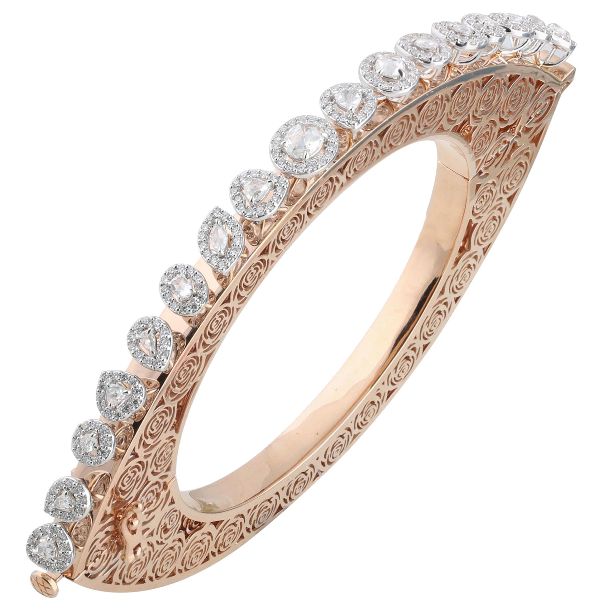 Studio Rêves Rose Cut Diamonds and Filigree Bracelet in 18 Karat Gold For Sale