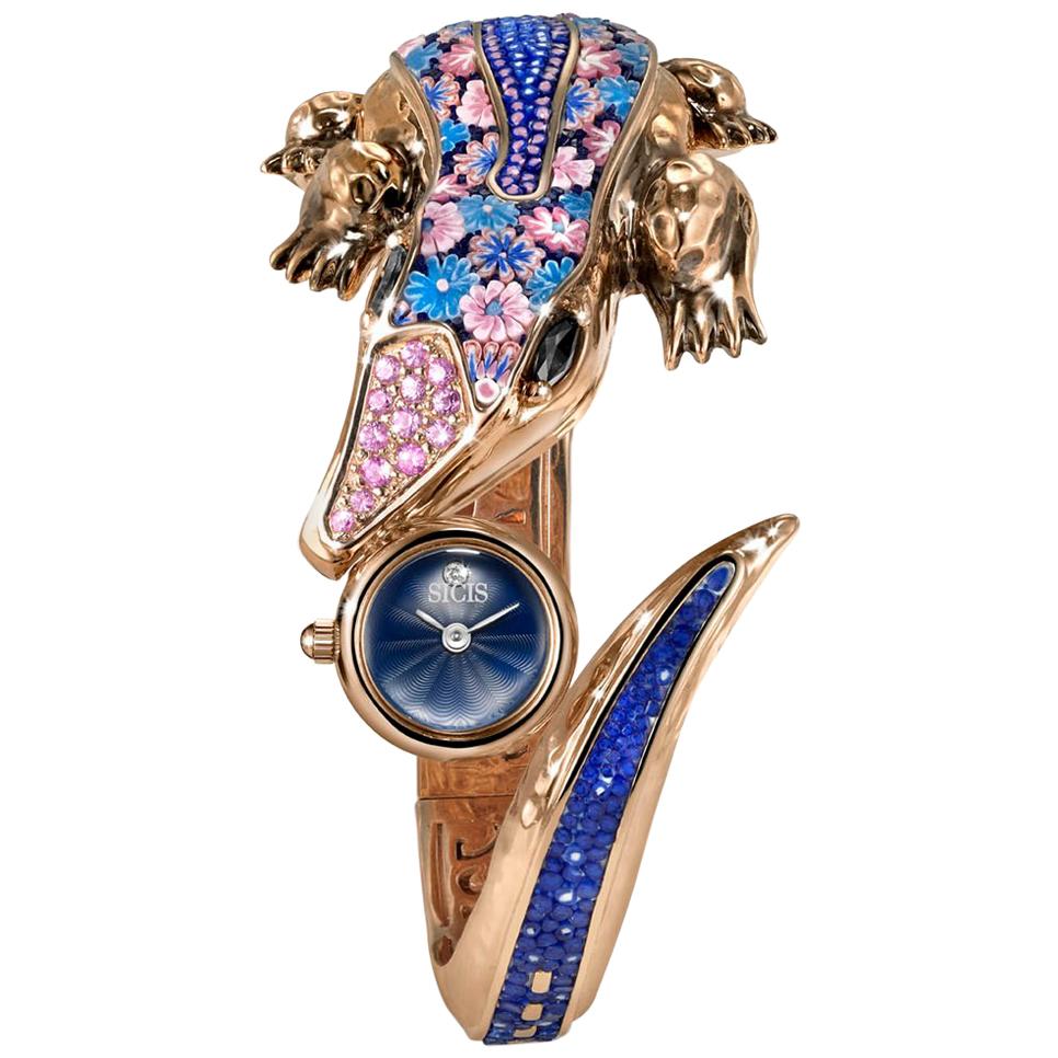 Watch Yellow Gold White Diamonds Sapphires Guilloche Dial Decorated Micromosaic
