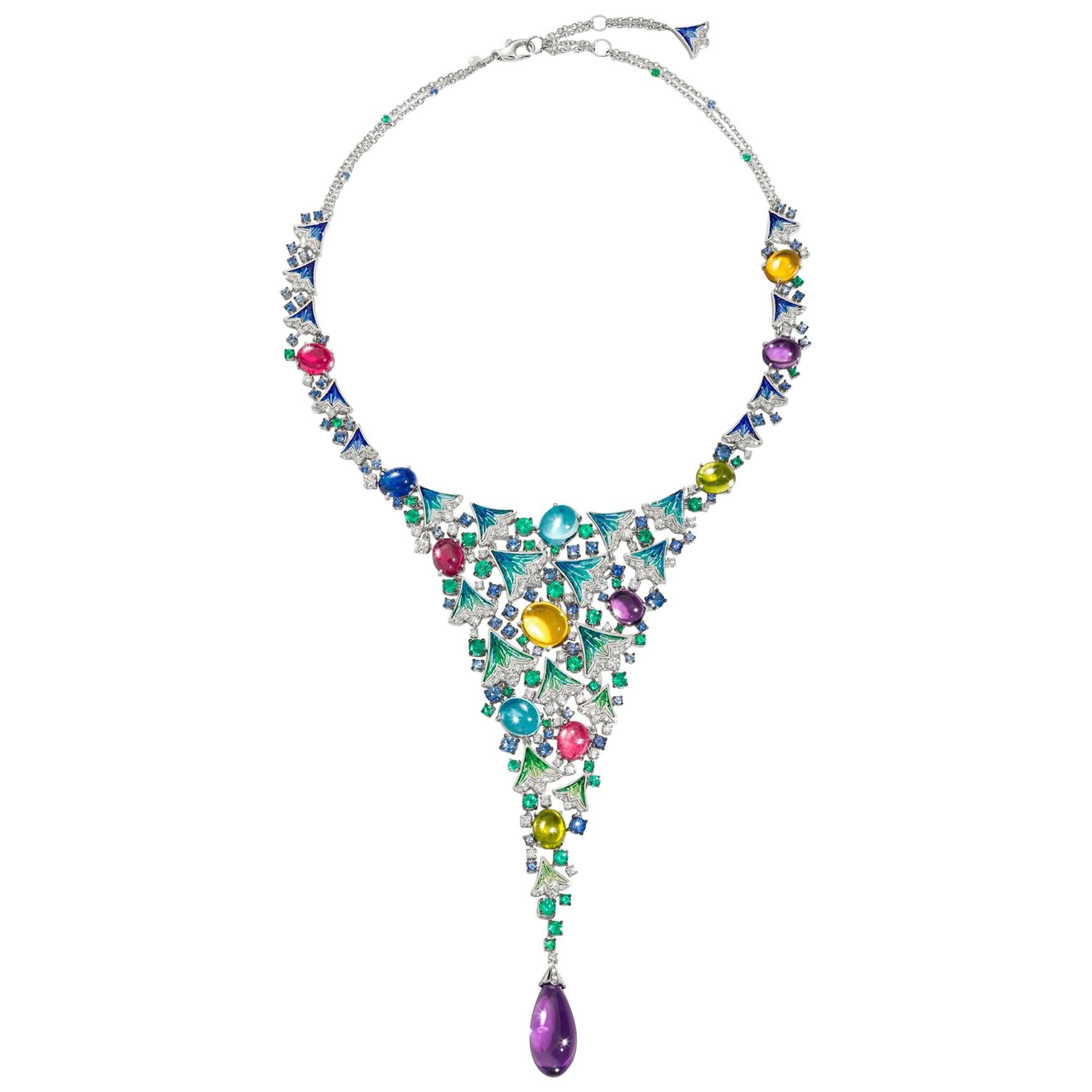 Necklace White Gold White Diamonds Emerald Sapphire Amethyst Topaz Tanzanite 