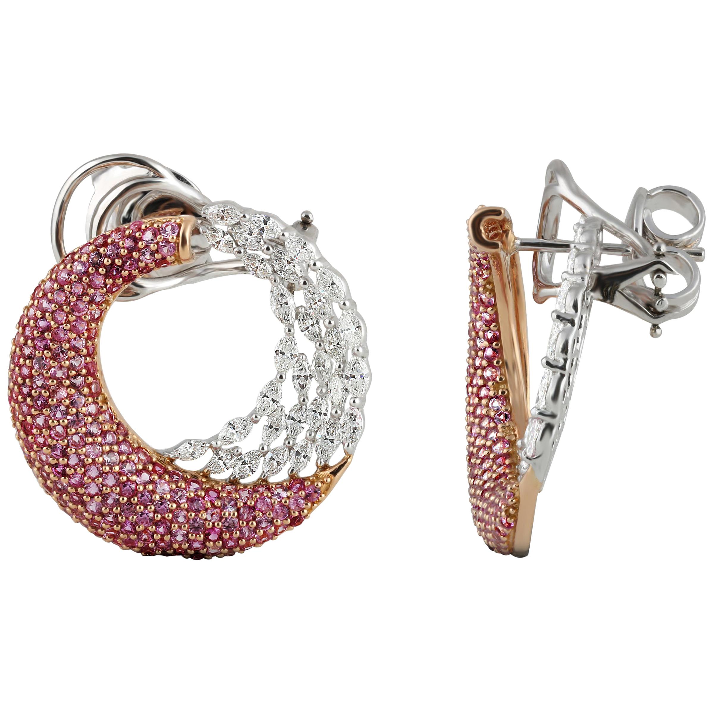 Studio Rêves Diamond Marquise and Pink Sapphire Earrings in 18 Karat Gold