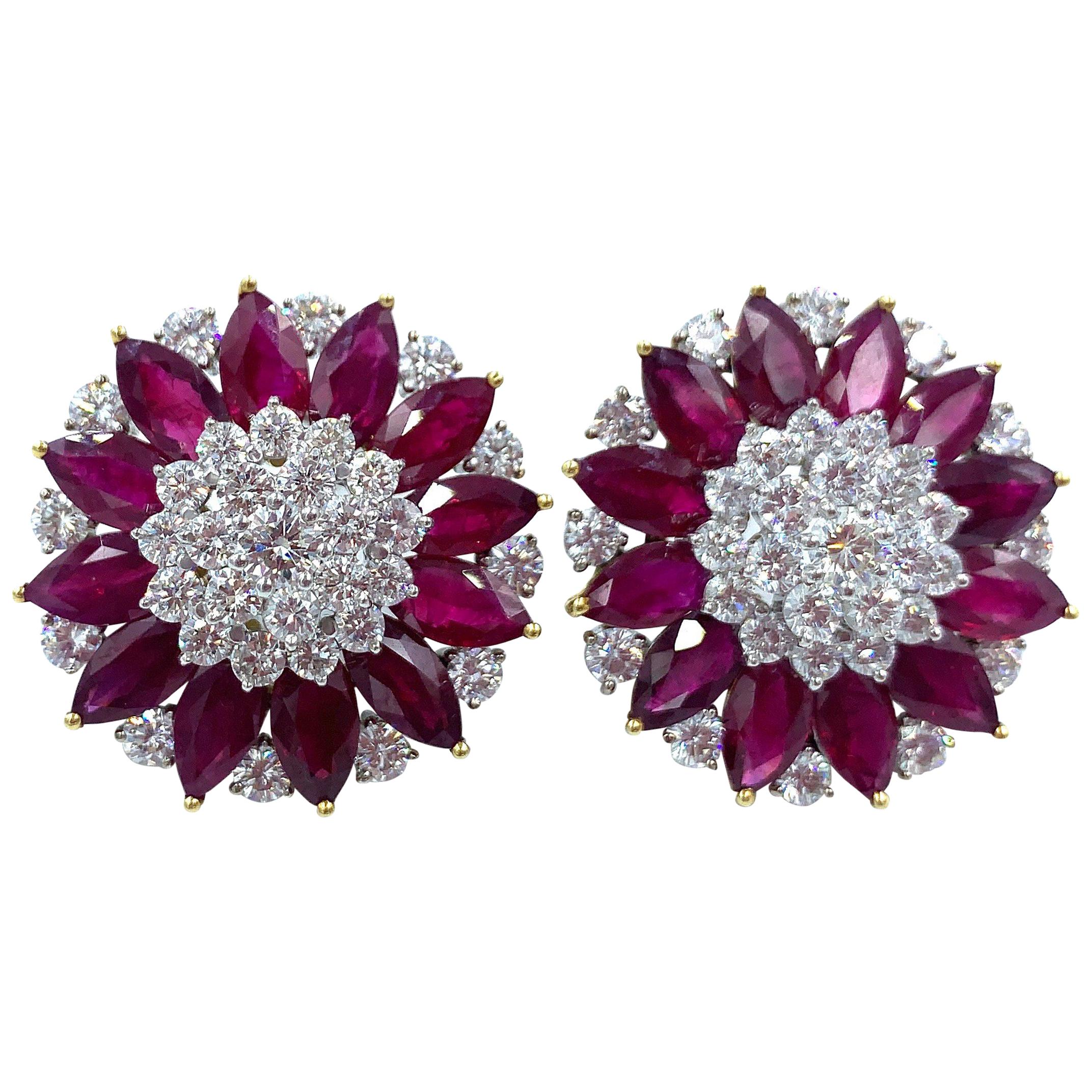 Diamond and Ruby Cluster Clip Earrings 18 Karat White and Yellow Gold For Sale