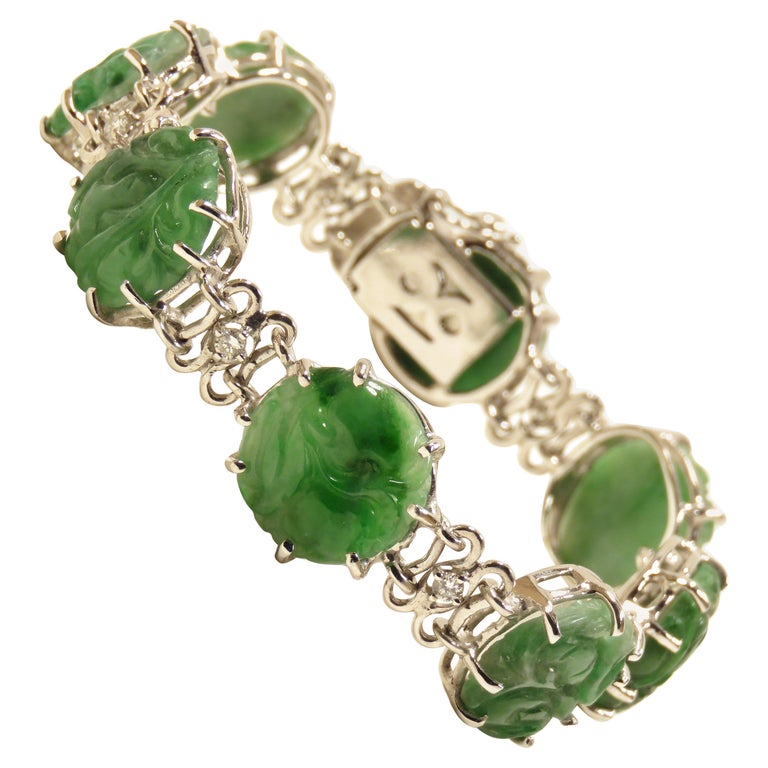 Diamonds Engraved Imperial Jade 18 Karat Gold Bracelet Handcrafted in