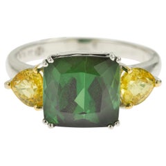 4.40 Carat Green Tourmaline 1.38 Carat Yellow Sapphires 18 Karat White Gold Ring