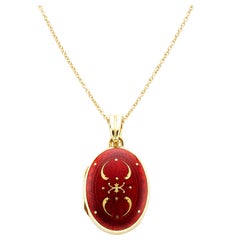 Retro Faberge Victor Mayer Red Enamel 18 Karat Yellow Gold Locket Pendant