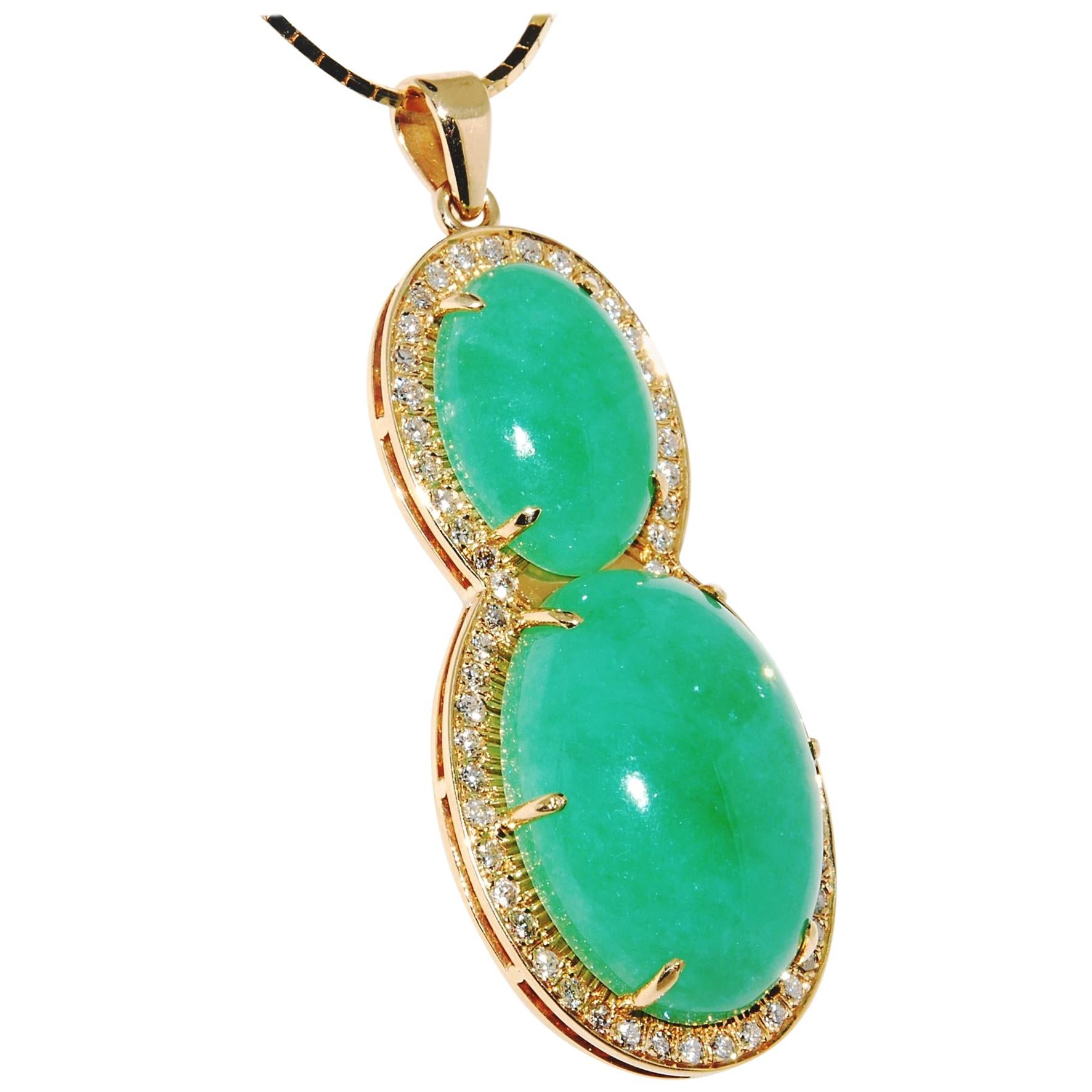 Jadeite Jade Pendant in 14 Karat Yellow Gold with Diamonds