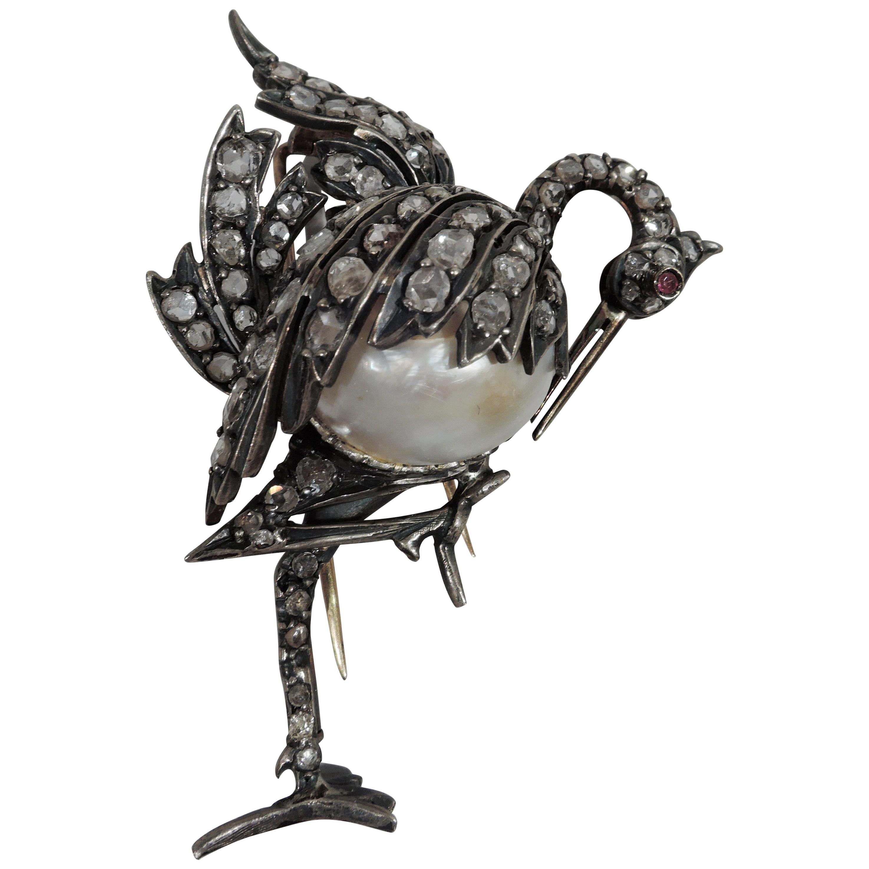 Antique English Diamond Stork Brooch with Natural Baroque Pearl