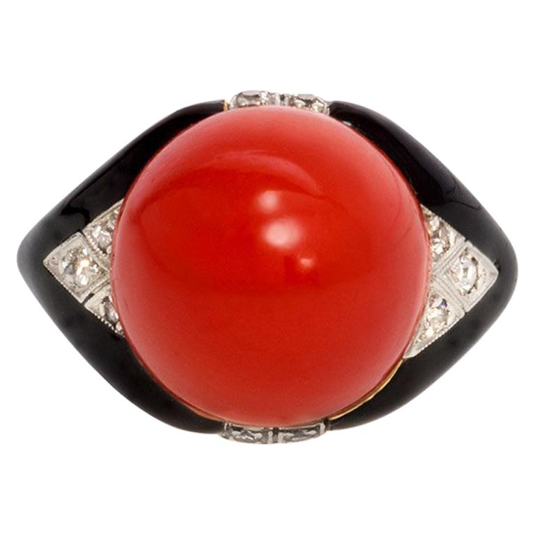 Art Deco Cabochon Coral, Black Enamel, and Diamond Ring For Sale