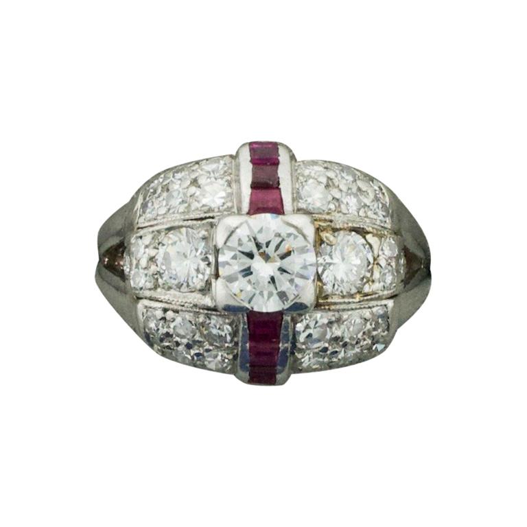 Art Deco Diamond and Ruby Ring in Platinum For Sale