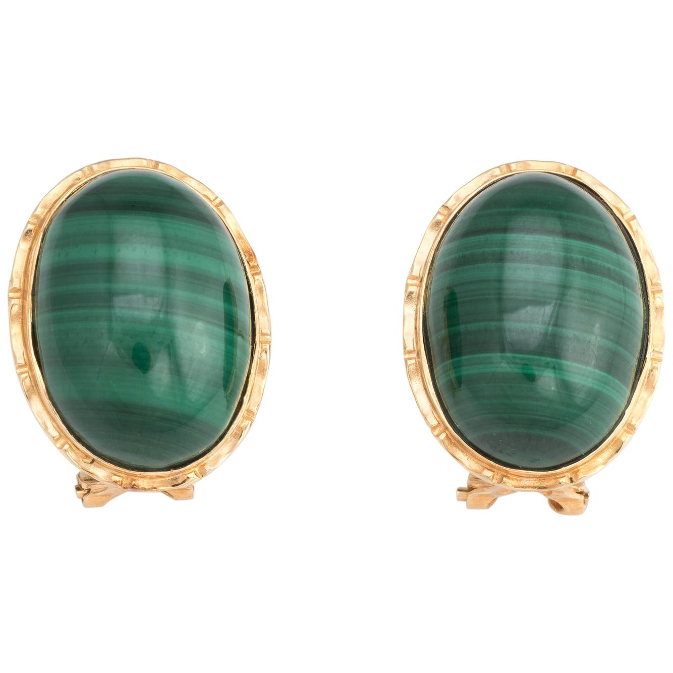 Vintage Malachite Earrings 14 Karat Yellow Gold Oval Estate Fine Jewelry Green