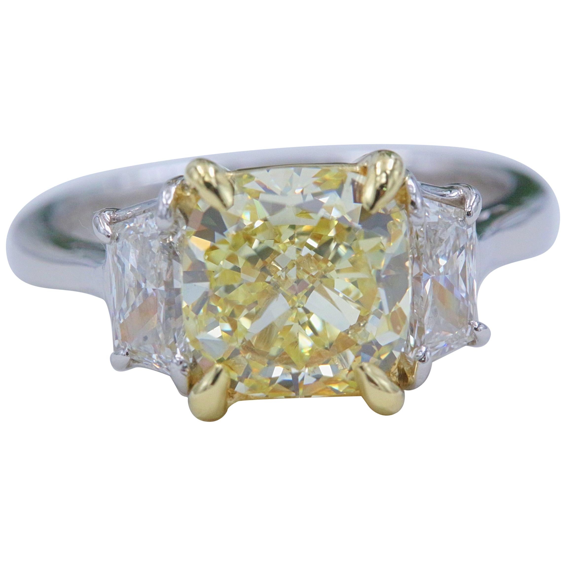 Fancy Yellow 2.75 tcw Cushion Diamond 3 Stone Engagement Ring GIA Plat & 18k YG