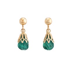 Vintage Fluted Emerald Earrings 14 Karat Gold Drops Estate Jewelry Screw Backs